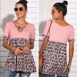 🔥SALE🔥 Pink Leopard Color Block Short Sleeve Top